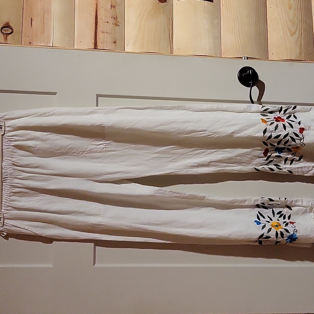 White Linen Embroidered Wide Leg Pants